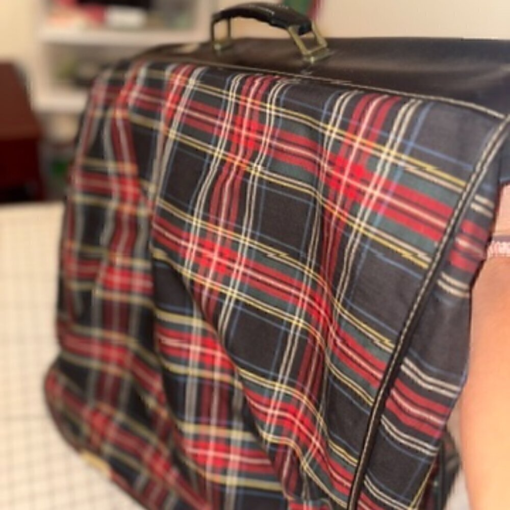 Vintage Tartan Plaid Hanging Suit Garment Bag - Leather Handle Original Hardware